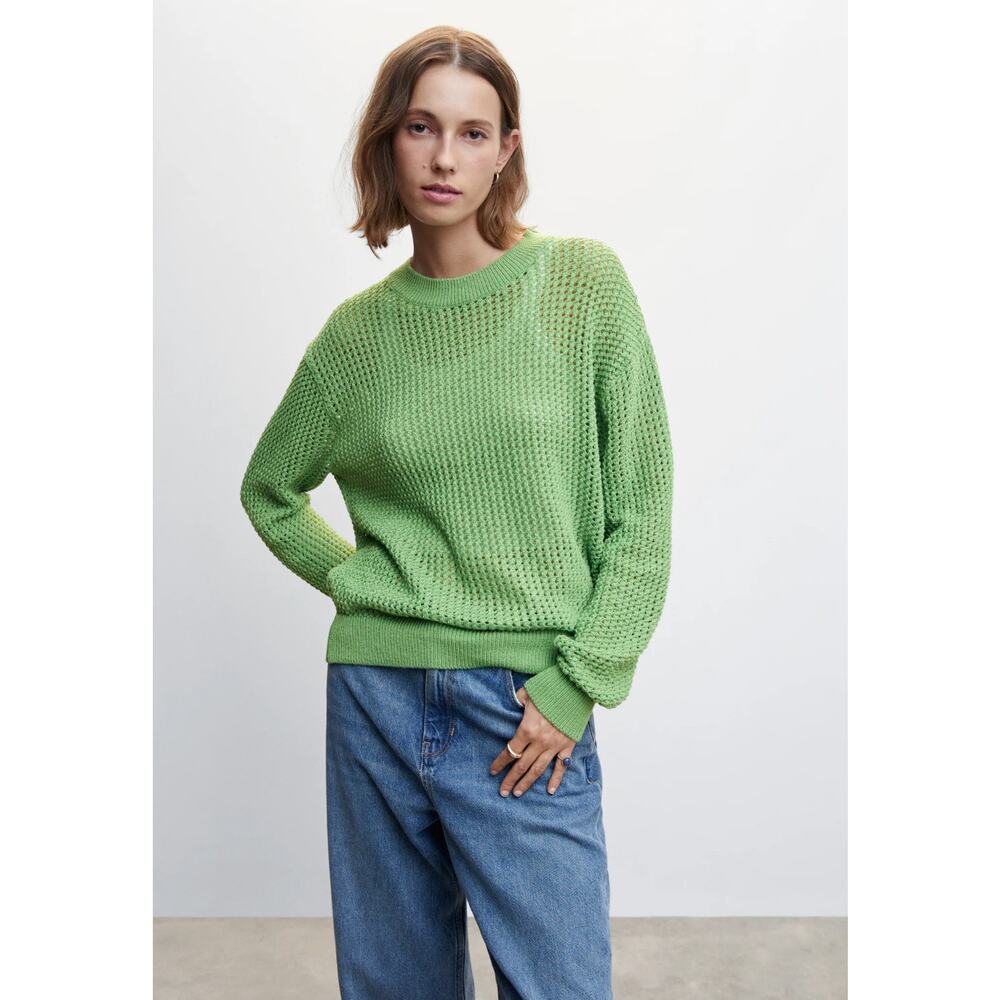 Mango Light Green Open Knit Crewneck Sweater